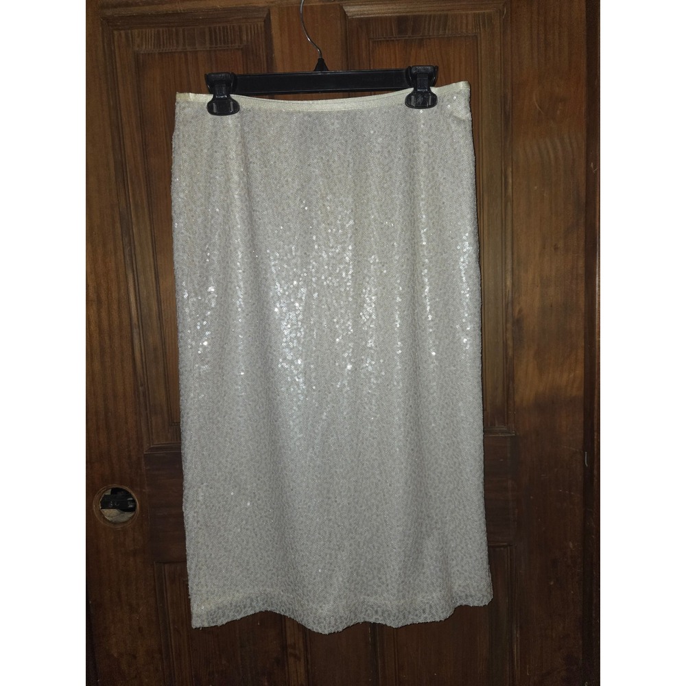 Chico's Sequin Pencil Skirt Ecru Shimmer Cream Midi‎ Party Evening NWT Size 0/M - Picture 2 of 6